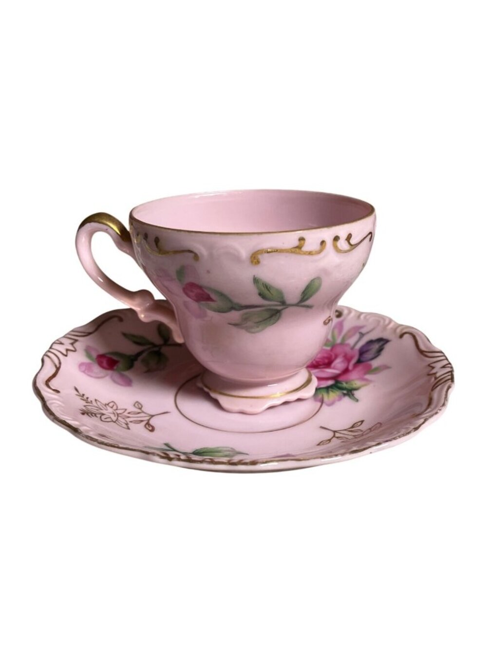 Lefton China Hand-Painted Pink Floral Teacup and Saucer With Gold Colored Accent